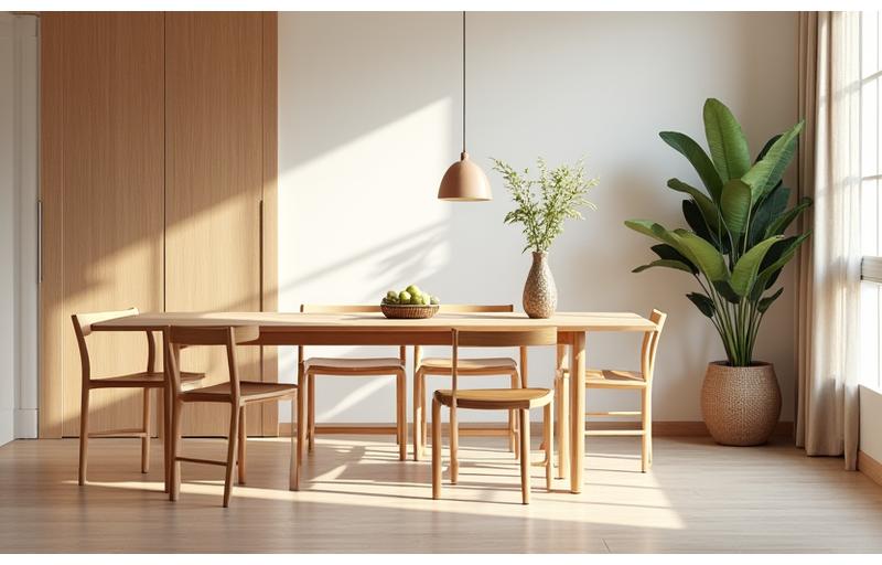 オーダーメイドの木製ダイニングテーブルと椅子が並ぶ穏やかな空間