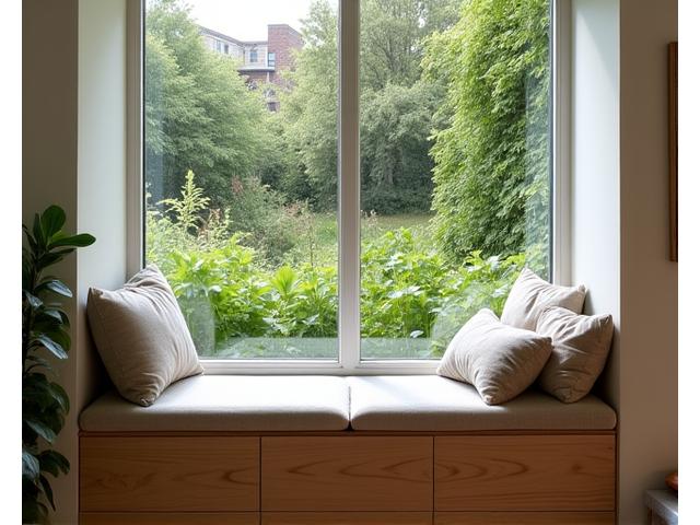 ハーブ畑を見下ろす大きな窓辺に設置されたベンチ