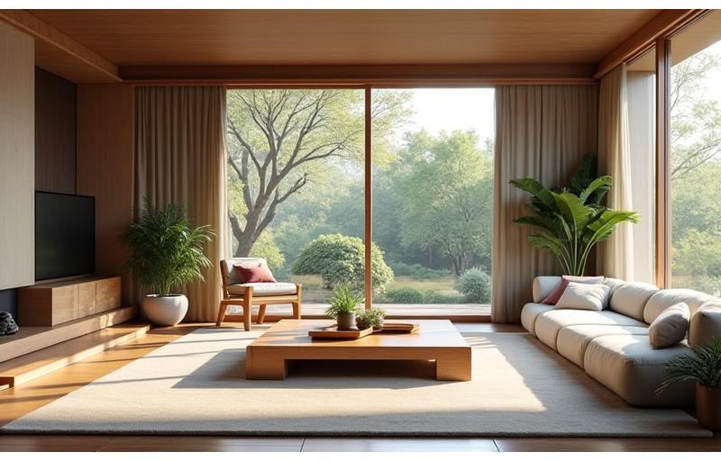 自然素材を多く使った、禅を感じさせる落ち着いたリビング空間