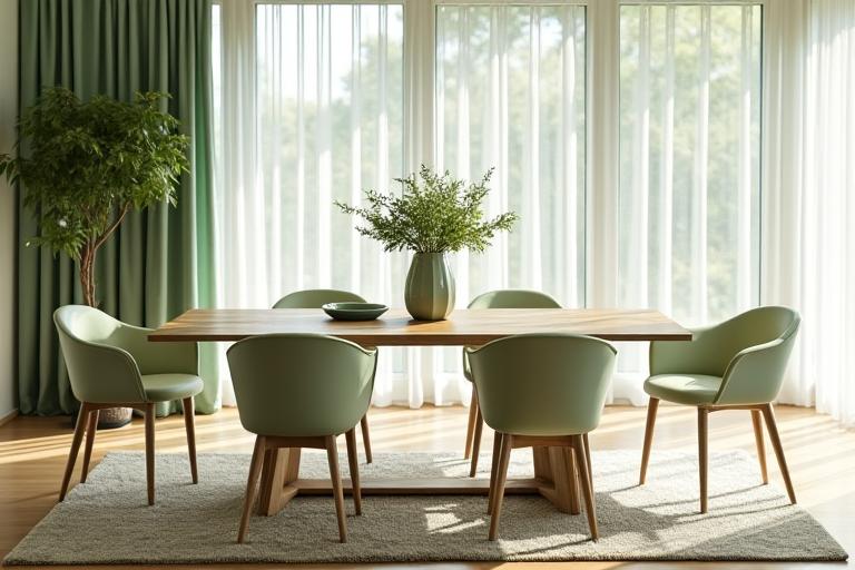 完成したハーブ inspired のダイニングテーブルと椅子が、自然光が差し込むリビングルームに設置されている。