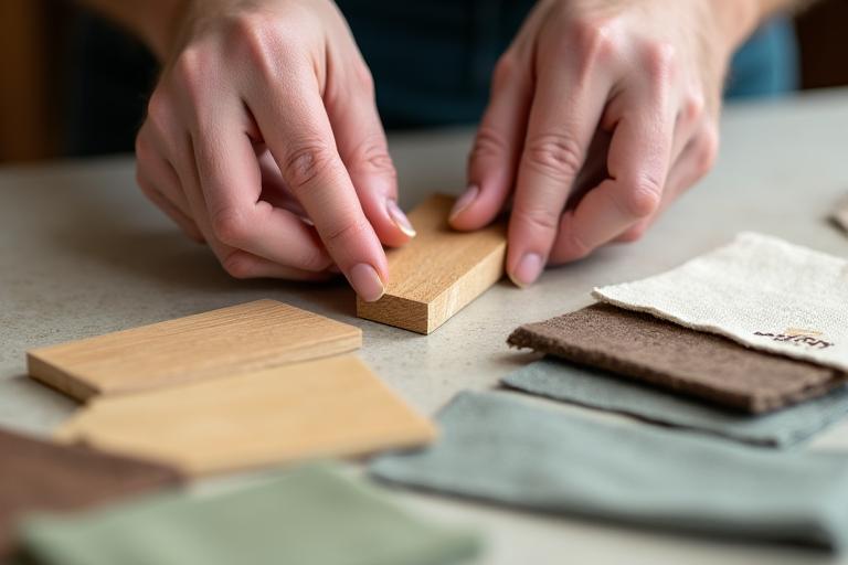 職人が様々な種類の持続可能な木材と生地のサンプルを選んでいる様子。